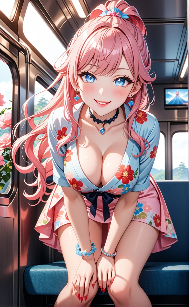 ultra-detailed, ((one girl)), (pale skin:1.3), in pastel colors gyaru, (heavy makeup), hyper detailed, absurdres, 8K, Beautiful Face, (Laugh shyly), ((teasing smile:1.8)), ((Wink:1.7)), (Laugh with your mouth wide open),((Tilt your face:1.6)), View your viewers, ((Bright red cheeks:1.6)),Glossy Red Lips, ((Big Breasts:1.5)), (show off breast), ((undressing)), noon, on the train, (Brighten your face), ((Anime style background)),masterpiece, Highest quality, so beautiful,Latest, Complex details, (Pink long nails), (nail art), (ring),(bracelet), (Floral Choker),AI-generated, Complex,High resolution, Highest quality, super high quality,3D Images、3D Images,One person,Pastel pink long hair,(High Ponytail), (wavy hair:1.3), Pastel anime woman posing for a photo, ((Fine grain、blue eyes、glowing eyes:1.4)), (Squint your eyes:1.1),a hyperRealistic , hyperRealistic , Realistic,Anime woman with long pastel pink hair, Smooth anime CG art, A girl in a gorgeous pastel-colored kimono, ((Pastel-colored furisode)),(Pink large floral pattern), Long flower hair ornament,Floral Earrings,Mature Body, tall,Narrow waist, ((Sit in the seat)), ((leaning forward:1.6)), ((hand between legs:1.5)), (from below),