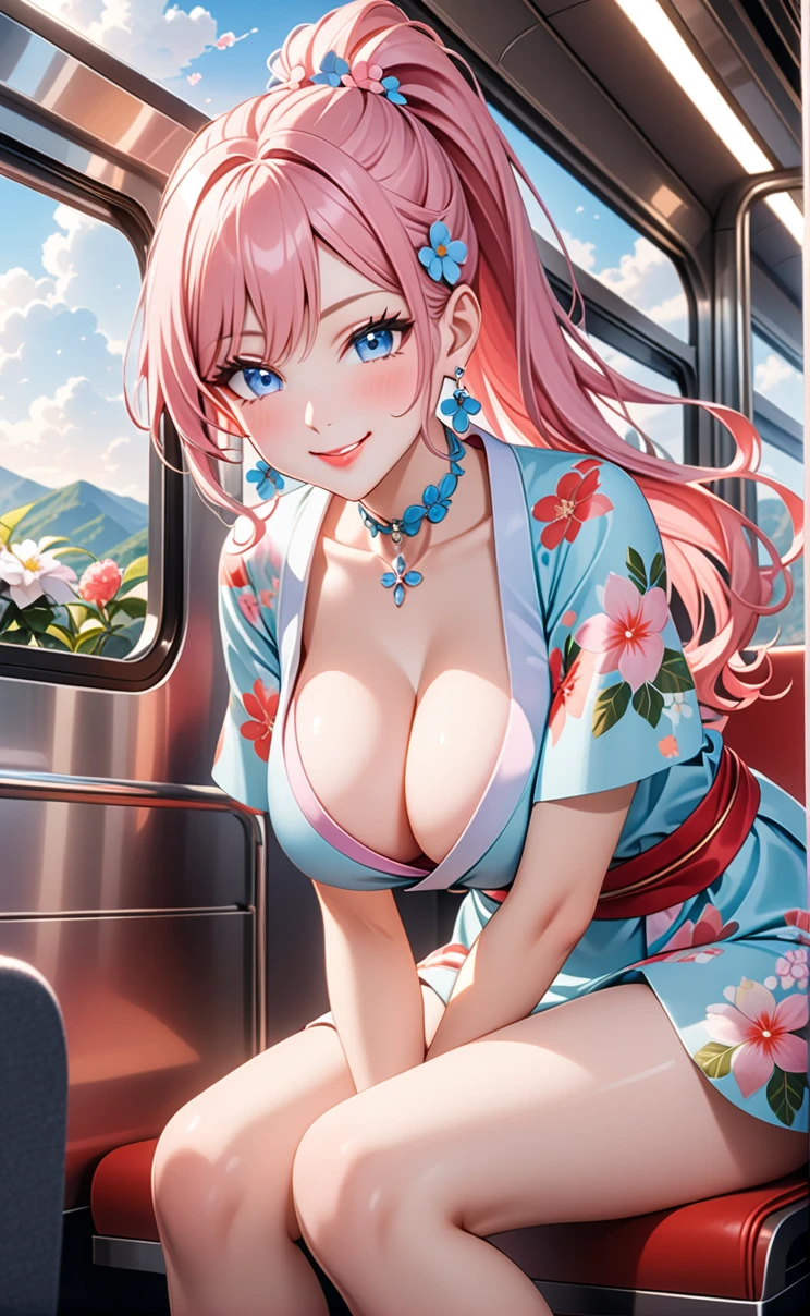 ultra-detailed, ((one girl)), (pale skin:1.3), in pastel colors gyaru, (heavy makeup), hyper detailed, absurdres, 8K, Beautiful Face, (Laugh shyly), ((teasing smile:1.8)), ((Wink:1.7)), (Laugh with your mouth wide open),((Tilt your face:1.6)), View your viewers, ((Bright red cheeks:1.6)),Glossy Red Lips, ((Big Breasts:1.5)), (show off breast), ((undressing)), noon, on the train, (Brighten your face), ((Anime style background)),masterpiece, Highest quality, so beautiful,Latest, Complex details, (Pink long nails), (nail art), (ring),(bracelet), (Floral Choker),AI-generated, Complex,High resolution, Highest quality, super high quality,3D Images、3D Images,One person,Pastel pink long hair,(High Ponytail), (wavy hair:1.3), Pastel anime woman posing for a photo, ((Fine grain、blue eyes、glowing eyes:1.4)), (Squint your eyes:1.1),a hyperRealistic , hyperRealistic , Realistic,Anime woman with long pastel pink hair, Smooth anime CG art, A girl in a gorgeous pastel-colored kimono, ((Pastel-colored furisode)),(Pink large floral pattern), Long flower hair ornament,Floral Earrings,Mature Body, tall,Narrow waist, ((Sit in the seat)), ((leaning forward:1.6)), ((hand between legs:1.5)), (from below),