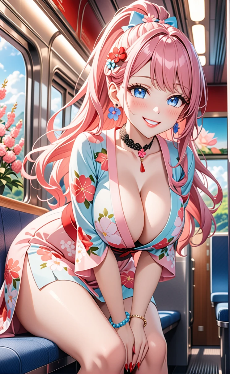 ultra-detailed, ((one girl)), (pale skin:1.3), in pastel colors gyaru, (heavy makeup), hyper detailed, absurdres, 8K, Beautiful Face, (Laugh shyly), ((teasing smile:1.8)), ((Wink:1.7)), (Laugh with your mouth wide open),((Tilt your face:1.6)), View your viewers, ((Bright red cheeks:1.6)),Glossy Red Lips, ((Big Breasts:1.5)), (show off breast), ((undressing)), noon, on the train, (Brighten your face), ((Anime style background)),masterpiece, Highest quality, so beautiful,Latest, Complex details, (Pink long nails), (nail art), (ring),(bracelet), (Floral Choker),AI-generated, Complex,High resolution, Highest quality, super high quality,3D Images、3D Images,One person,Pastel pink long hair,(High Ponytail), (wavy hair:1.3), Pastel anime woman posing for a photo, ((Fine grain、blue eyes、glowing eyes:1.4)), (Squint your eyes:1.1),a hyperRealistic , hyperRealistic , Realistic,Anime woman with long pastel pink hair, Smooth anime CG art, A girl in a gorgeous pastel-colored kimono, ((Pastel-colored furisode)),(Pink large floral pattern), Long flower hair ornament,Floral Earrings,Mature Body, tall,Narrow waist, ((Sit in the seat)), ((leaning forward:1.6)), ((hand between legs:1.5)), (from below),