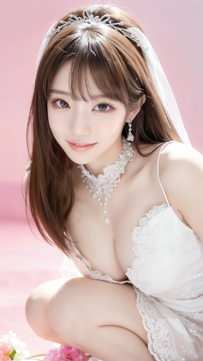 (Highest quality、Tabletop、8K、Best image quality、Award-winning works)、One beautiful bride、(alone:1.1)、(The most extravagant and gorgeous huge pure white wedding dress:1.1)、(Perfect Wedding Lace:1.2)、(The most gorgeous and luxurious giant tiara:1.1)、(The most extravagant and luxurious giant necklace:1.1)、あなたの最高の笑顔で私をplease look、The finest jewellery decoration、Perfect Makeup、Long eyelashes、Ultra HD Shining Eyes、Ultra HD Hair、Ultra-high resolution glossy lips、Ultra High Resolution Perfect Teeth、Super high resolution beautiful face、(Accurate anatomy:1.1)、Very bright and beautiful skin、very bright and vivid、Perfect beautiful bridal hairstyles、(Front facing body:1.1)、(Solid pink background:1.2)、Cleavage、nude、(The 肖像画 was taken from above the lying body: 1.3)、(( M-shaped legs spread, please look )))), (Show me your legs spread wide: 1.5), Real nipples, real open, (女性のマンコ汁がカメラにsquirtしている:1.2), Beautiful 20 year old Japanese girl, Stimulating the clitoris, masturbating and fingering, orgasm, Detailed facial features,(Front view), (squirt from pussy:1.2), (squirt:1.2), Remove the shoulder straps to expose your chest, (Showing realistic beautiful nipples:1.5)