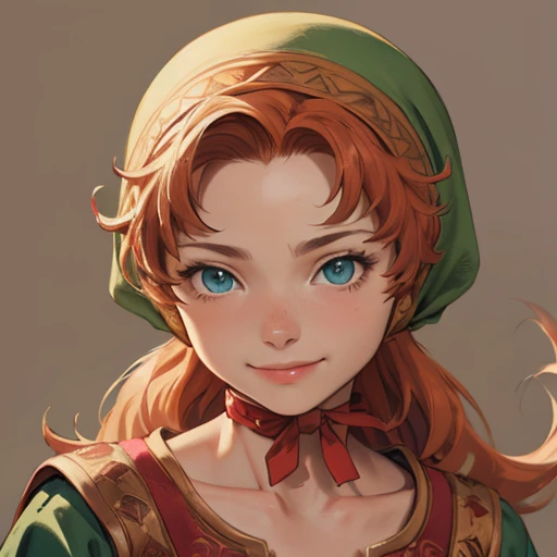 (masterpiece), (best quality),(portrait),(bust up),1girl,solo,(sharp focus),(look at viewer),hobbit,young girl,maribel,orange hair,hood,red choker,ancient clothes,(simple background),old school fantasy art,super shiny face,Ultra Glossy Skin,smile,embroidery outfit,medieval farmer outfit,moss green outfit,