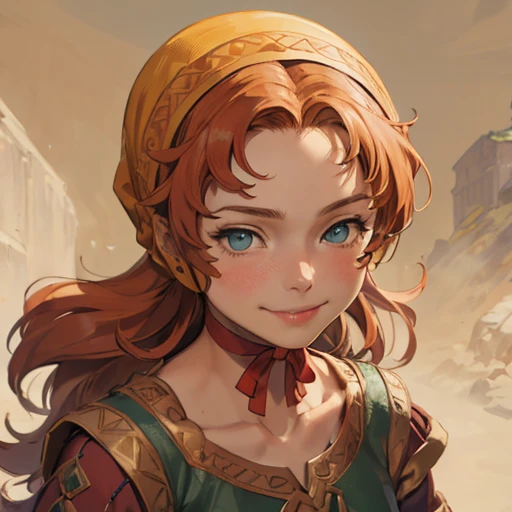 (masterpiece), (best quality),(portrait),(bust up),1girl,solo,(sharp focus),(look at viewer),hobbit,young girl,maribel,orange hair,hood,red choker,ancient clothes,(simple background),old school fantasy art,super shiny face,Ultra Glossy Skin,smile,embroidery outfit,medieval farmer outfit,moss green outfit,