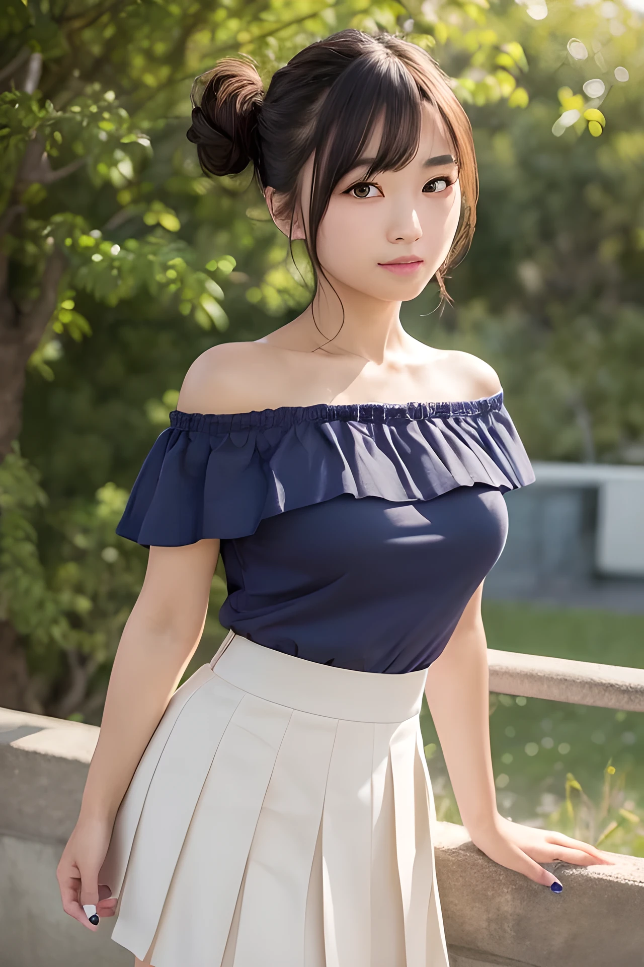 (masterpiece:1.3), (8K, Photorealistic, Raw photo, Best image quality: 1.4), One Japan schoolgirl、(Leaning forward:1.3)、Photographed from diagonally above、(Random Hairstyles:1.2)、Super detailed face、Attention to detail、double eyelid、Sharp focus:1.2、Beautiful woman:1.4、Light brown hair、Highest quality、masterpiece、Ultra-high resolution、(Photorealistic:1.4)、Highly detailed and professionally lit smile、(Random colored off-shoulder top with open neckline)、 Pleated skirt、thin、Serious expression、Short-haired、Museum