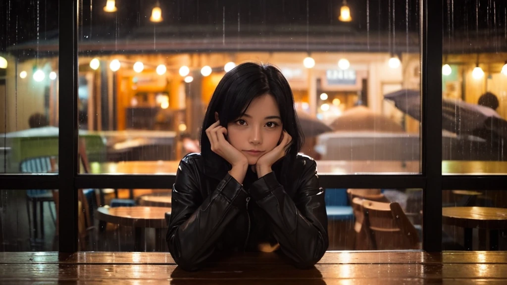 1 woman, straight black hair, beach cafe with nice rainy atmosphere, looking out the rainy window, jazz cafe, slightly dark atmosphere