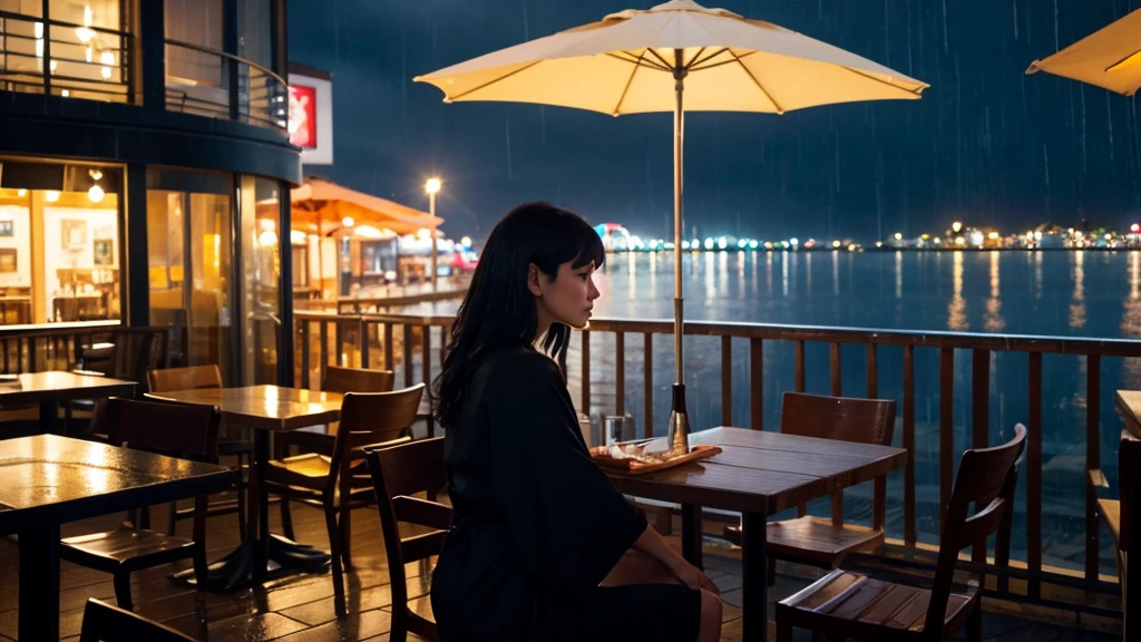1 woman, straight black hair, beach cafe with nice rainy atmosphere, looking out the rainy window, jazz cafe, slightly dark atmosphere