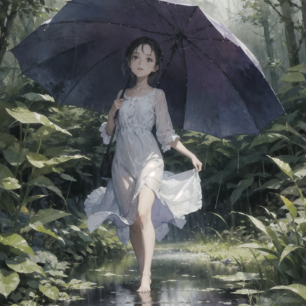 a girl with a very beautiful exquisite face barefoot in the rain in the summer forest, purple thunderstorm, in watercolor style, (Without umbrella)