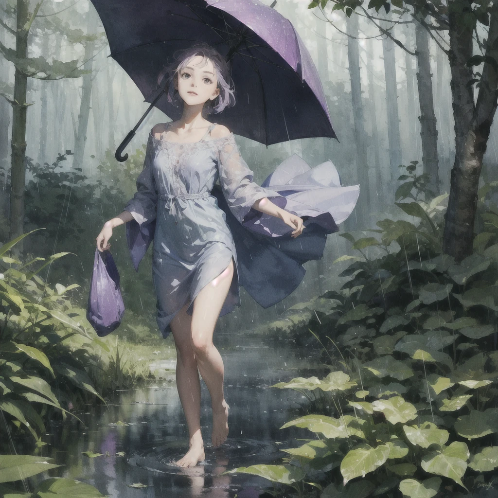 a girl with a very beautiful exquisite face barefoot in the rain in the summer forest, purple thunderstorm, in watercolor style, (Without umbrella)