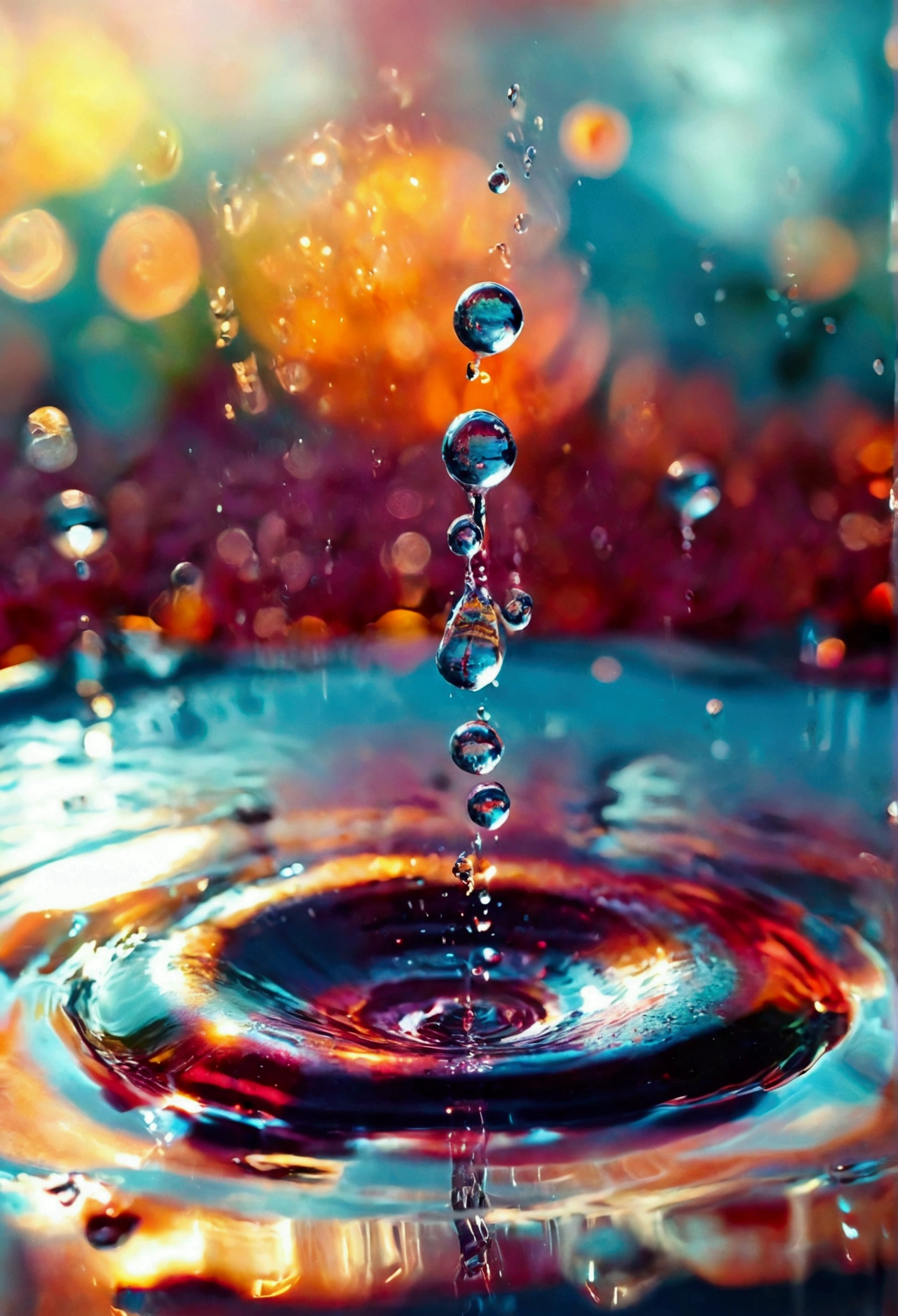 a high-resolution shot of multiple water droplets falling into a pool of water, freezing the moment of impact and capturing the mesmerizing ripples
