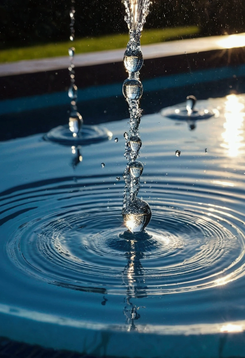 a high-resolution shot of multiple water droplets falling into a pool of water, freezing the moment of impact and capturing the mesmerizing ripples