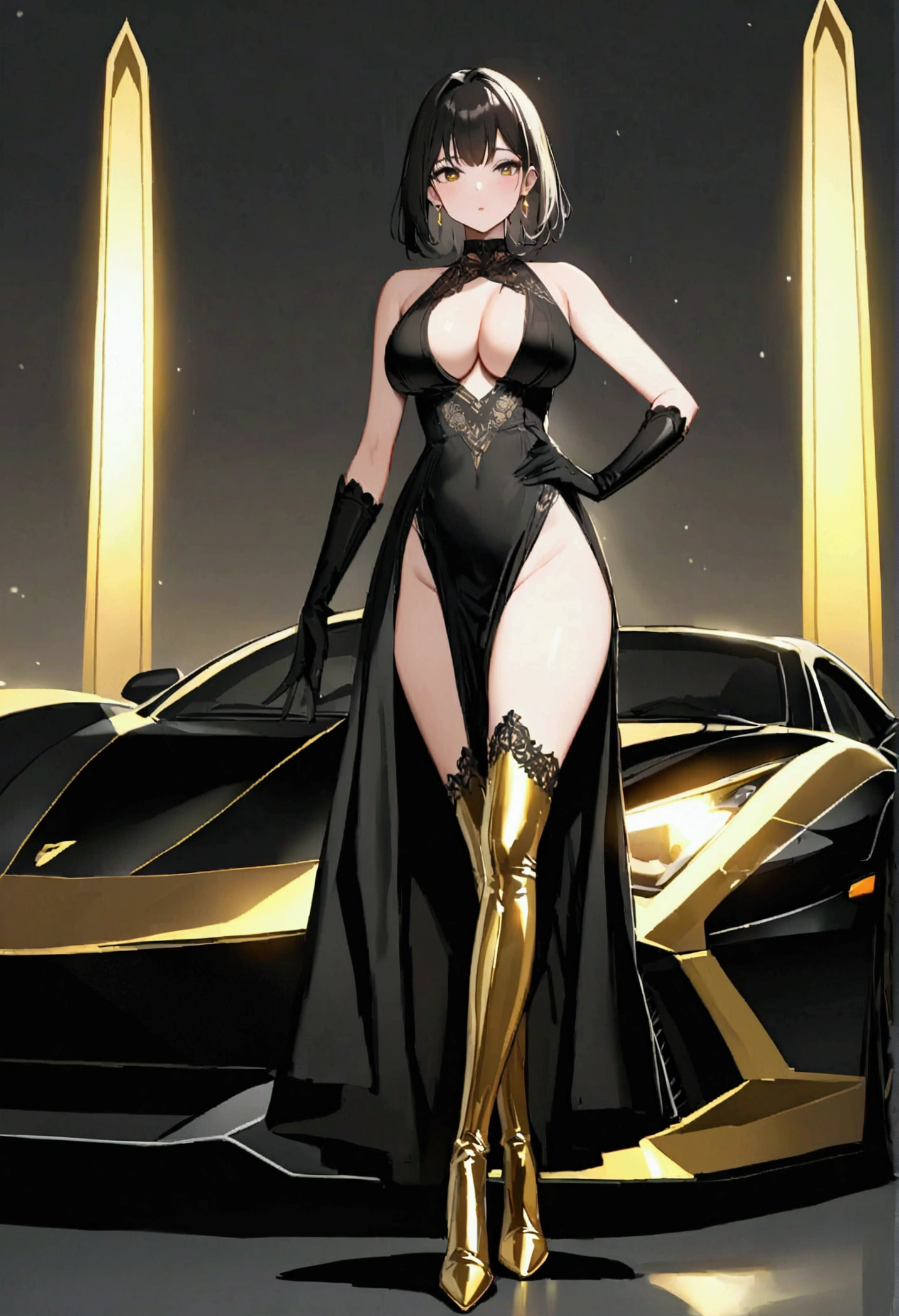 perfect and beautiful face, beautiful girl in  black and golden pointed toe stiletto knee high boots, standing beside a supercar ,, leatgher gloves on, big breasts and buts