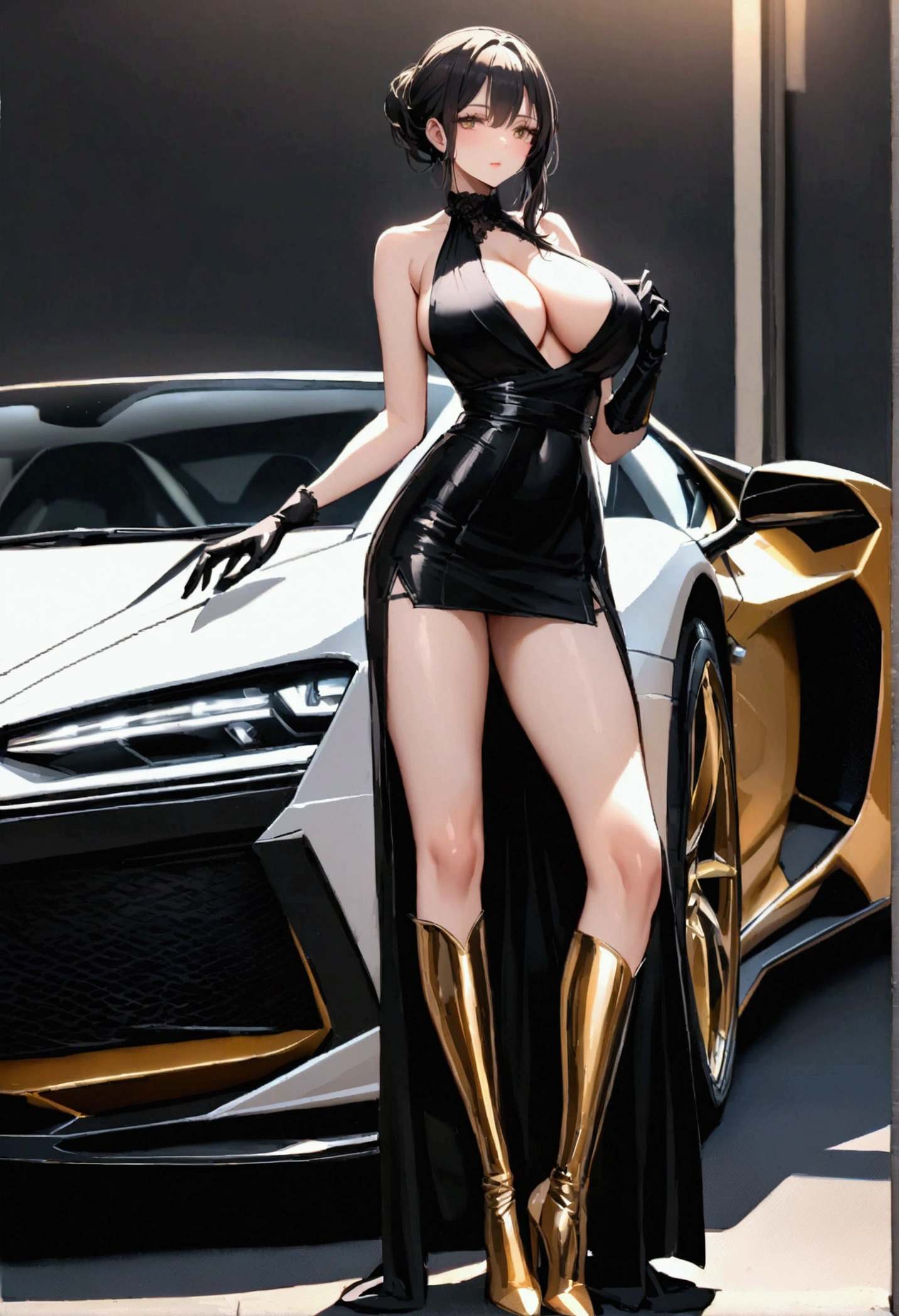 perfect and beautiful face, beautiful girl in black and golden pointed toe stiletto knee high boots, standing beside a supercar ,, leatgher gloves on, big breasts and buts