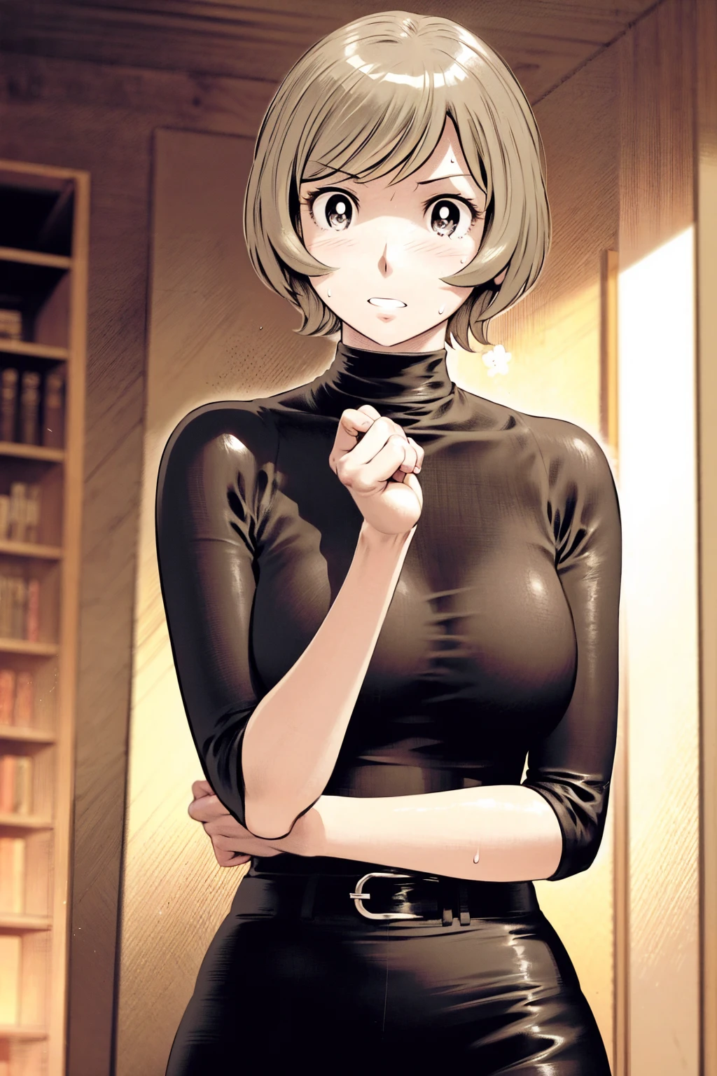 、(masterpiece、Highest quality)、Highest quality, Ultra-high resolution, (((masterpiece))), alone, Sweat、Big eyes,Tight black shirt、Tight white pants、belt、indoor、Composition from the front、（Cut the back hair short、short hair、blonde、woman）、Shortcuts、Embarrassed face、Cut your hair short、可愛いwomanの子、Big Breasts、Inside the room、Full Color、Baseball uniform