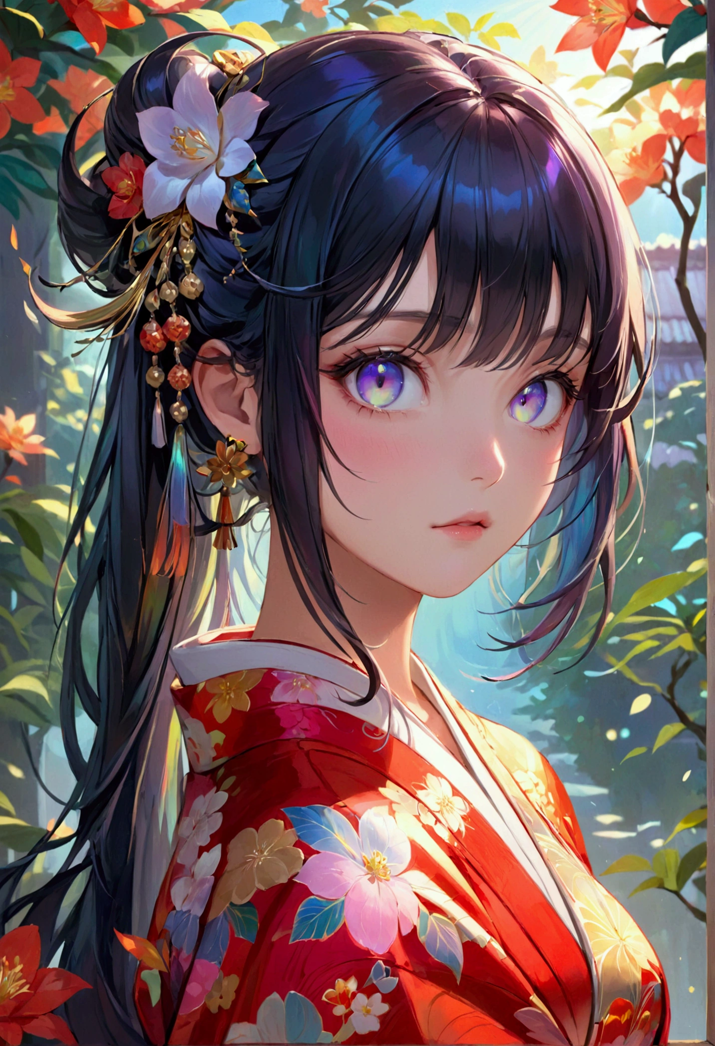 (masterpiece), best quality, expressive eyes, perfect face, Girl,long dark iridescent hair, iridescent eyes, small waist, medium , large thighs,kimono