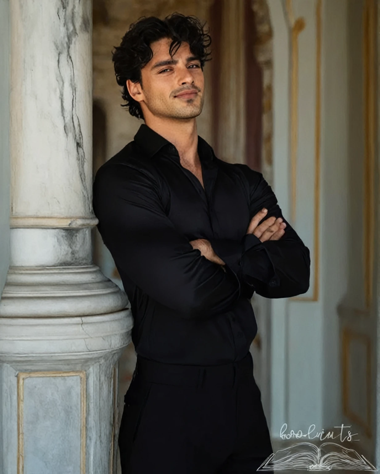 homem arafiado de camisa preta e calça preta parado em um corredor, bonito and elegant, lindo príncipe andrógino, bonito prince, federico pelat, bonito male, Rafael Personaz, luca, bonito and attractive, inspirado em Luca Zontini, bonito, com um sorriso sedutor, por Ludovit Fulla, bonito man, delicado príncipe andrógino, 1 man, inside a clandestine race track, wearing a black shirt, detailed facial features, beautiful masculine, detailed white skin, medium-length black hair wavy and messy, soft expression, dramatic lighting, cinematic composition, cold and dark colors, atmospheric fog, strong chin, manly man, night, handsome man, beautiful model face, (best quality, 4K, 8K, high resolution, art: 1.2), ultra-detailed, (realistic, photorealistic, photorealistic: 1.37)