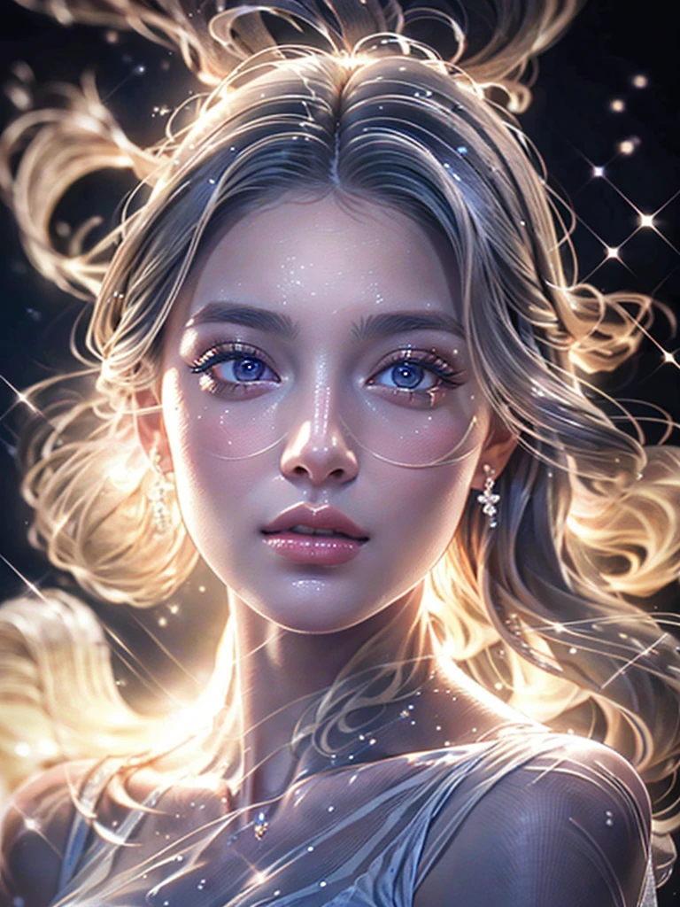 a woman with beautiful features, long grey hair, wearing a pure white dress, high quality, photorealistic, detailed portrait, extremely detailed face, beautiful eyes and lips, long eyelashes, well-proportioned body,  perfect perspective, masterpiece, 8K, photo-realistic、It is surrounded by glass-like water.