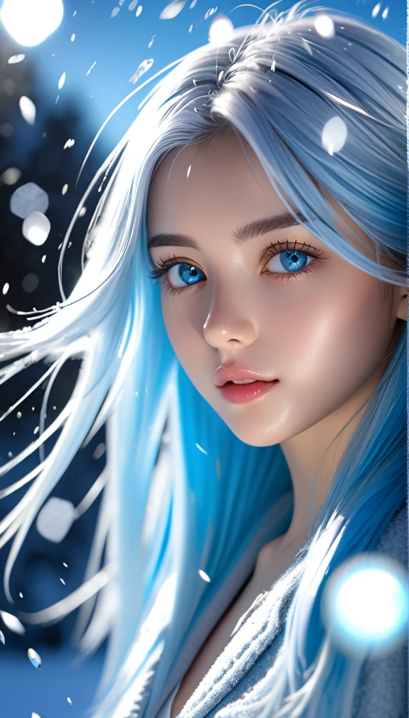 beautiful, young woman, in the crystal and ice area, fluttering ice, snowing,  streaked hair, sliver hair, sky blue hair, long hair, blue eyes, eye reflection, disdain, ray tracing, reflection light, blurry, glowing light, shallow depth of field, chiaroscuro, stereogram, zoom layer, , bokeh, masterpiece, best quality, high quality, HD