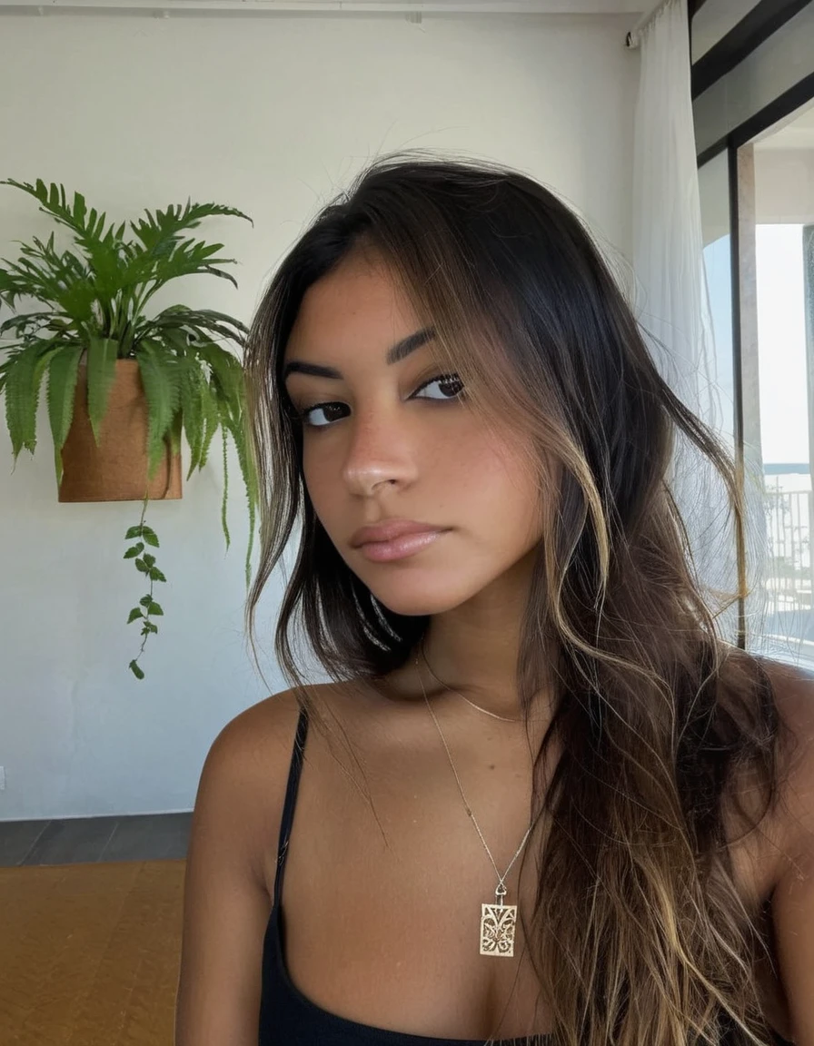 Un portrait photoréaliste d'une jeune fille colombienne de 21 ans avec de courts cheveux noirs et fluides et des yeux noisette et saisissants. Elle doit avoir une expression naturelle et sexy, attirante, sensuel et hot. L'arrière-plan doit être un cadre intérieur, peut-être une chambre ou un salon. Capturez cette image avec une photographie en haute résolution utilisant un objectif de 85 mm pour une perspective flatteuse.