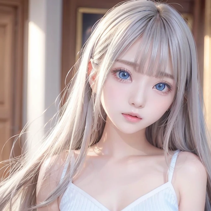 silver shiny hair、Super long straight silky hair、Dazzling blonde super long silky hair、16 years old cute little beautiful face、A beautiful girl、Sparkling blonde dancing in front of a pretty face、Long, silky bangs that cover the space between the eyes、Very beautiful, bright, large, light blue eyes、Very big eyes、Hair that hides the face、Sexy pretty young woman with super long bangs、Very white skin、Cheek gloss highlighter、Small Face Beauty、Round face、Cute Shirts、Ample Bust、nipple、Erect nipples, embarrassed face