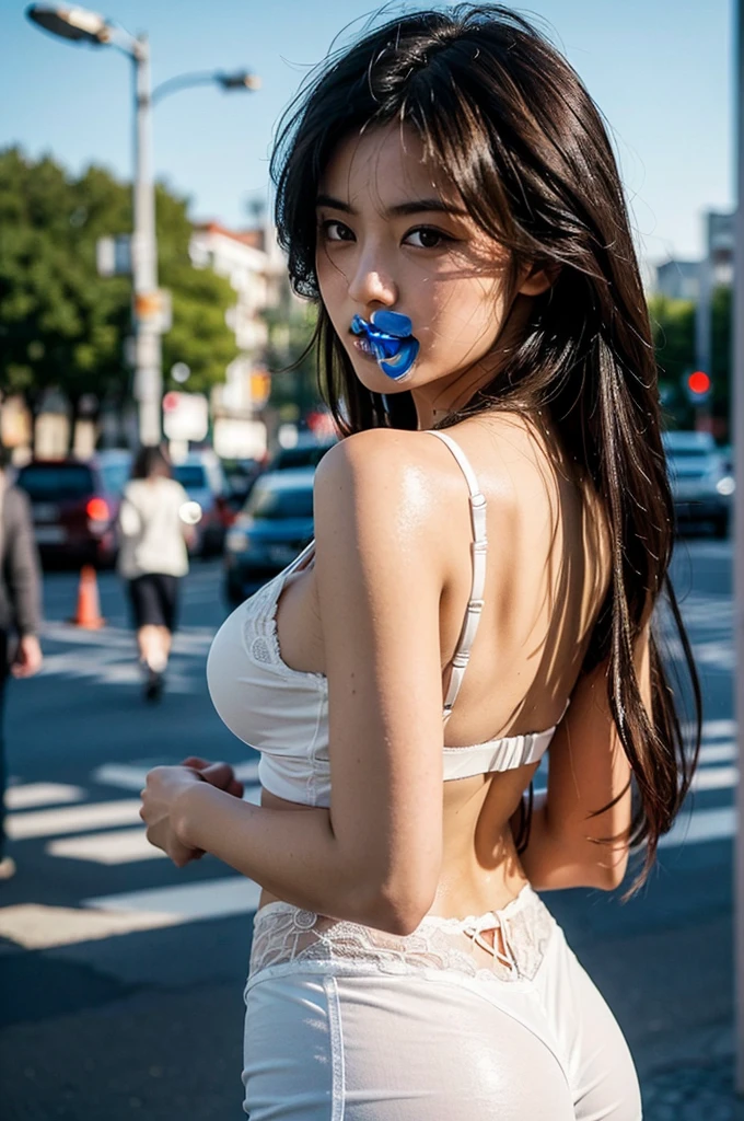 (Highest quality, 8K, 32k), masterpiece,(Ultra-high resolution,Realistic:1.4,RAWphotograph), (Very detailed,Caustics),セクシーなphotograph,One girl, Big Breasts, Big Breasts, Japanese, Black Hair, bangs, Long Hair (Long Hair: 1.4), Beautiful eyes in every detail, Long eyelashes, Narrow eyes, Elongated eye shape, Three white eyes, Wearing a white bra, Wear laces, Accentuate your butt, Big Ass, Round Hips, Big Ass, Slightly bent, (Upper Body:1.4), ((Rear View)),((look back)), Covered and facing away from the camera , Dynamic pose, Big Breasts, Close-up from below, Supermodel, Beautiful Face, Detailed body, Perfect Eyes, Perfect Face HDR, Photorealistic, photograph, Highest quality, in Japan, Located in the city center, Bokeh, Browsing Caution, Beautiful fingers, Beautiful Hands, fingertip, nail, Put your arms behind your back,