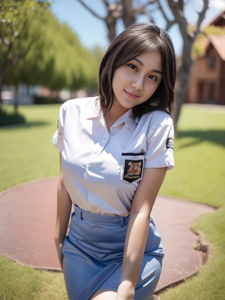 1girl, (uniform), standing, outdoors, detailed face, detailed eyes, thick breasts, shiny skin, tight shirt, grey blue short skirt, looking at the audience, low angle shot,(8k, RAW photo, best quality, masterpiece: 1.2), (realistic, realistic: 1.37), ultra-high resolution