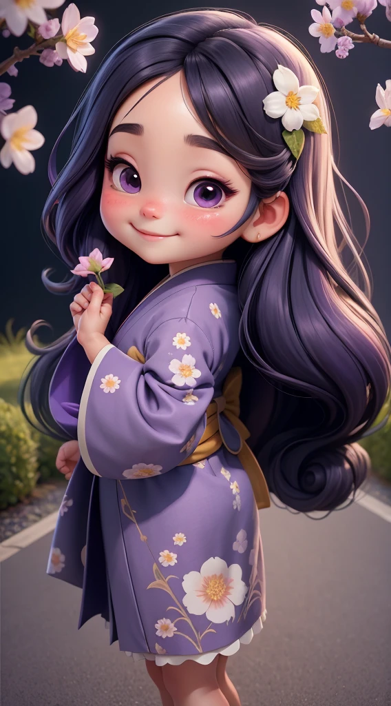 Create a  baby chibi version of the Alice character in an 8K resolution. A beautiful Asian girl with long, flowing black hair adorned with a delicate [lavender hair ornament] is strolling through the picturesque [lavender fields] of Furano, Hokkaido. She is wearing a stunning [kimono with lavender pattern], the vibrant purple colors contrasting with the vast expanse of blooming lavender. The girl's expression exudes a sense of tranquility and joy as she immerses herself in the beauty of the fragrant flowers, It's sunny, Detailed eyes, clear outlines, kawaii pose, A smile, Raise your right hand, Eye Up, Laugh, radiant light, Taken from the side. She should look adorable and cute. Give him a smiling expression and a sweet smile on his face, capturing the essence of the character in a delicate and charming way.