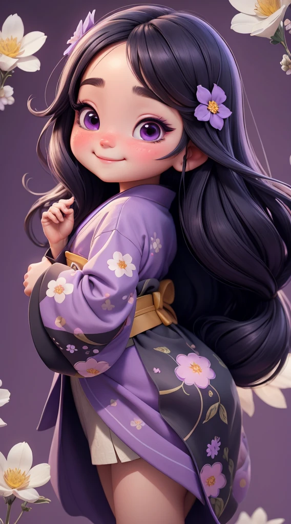 Create a  baby chibi version of the Alice character in an 8K resolution. A beautiful Asian girl with long, flowing black hair adorned with a delicate [lavender hair ornament] is strolling through the picturesque [lavender fields] of Furano, Hokkaido. She is wearing a stunning [kimono with lavender pattern], the vibrant purple colors contrasting with the vast expanse of blooming lavender. The girl's expression exudes a sense of tranquility and joy as she immerses herself in the beauty of the fragrant flowers, It's sunny, Detailed eyes, clear outlines, kawaii pose, A smile, Raise your right hand, Eye Up, Laugh, radiant light, Taken from the side. She should look adorable and cute. Give him a smiling expression and a sweet smile on his face, capturing the essence of the character in a delicate and charming way.
