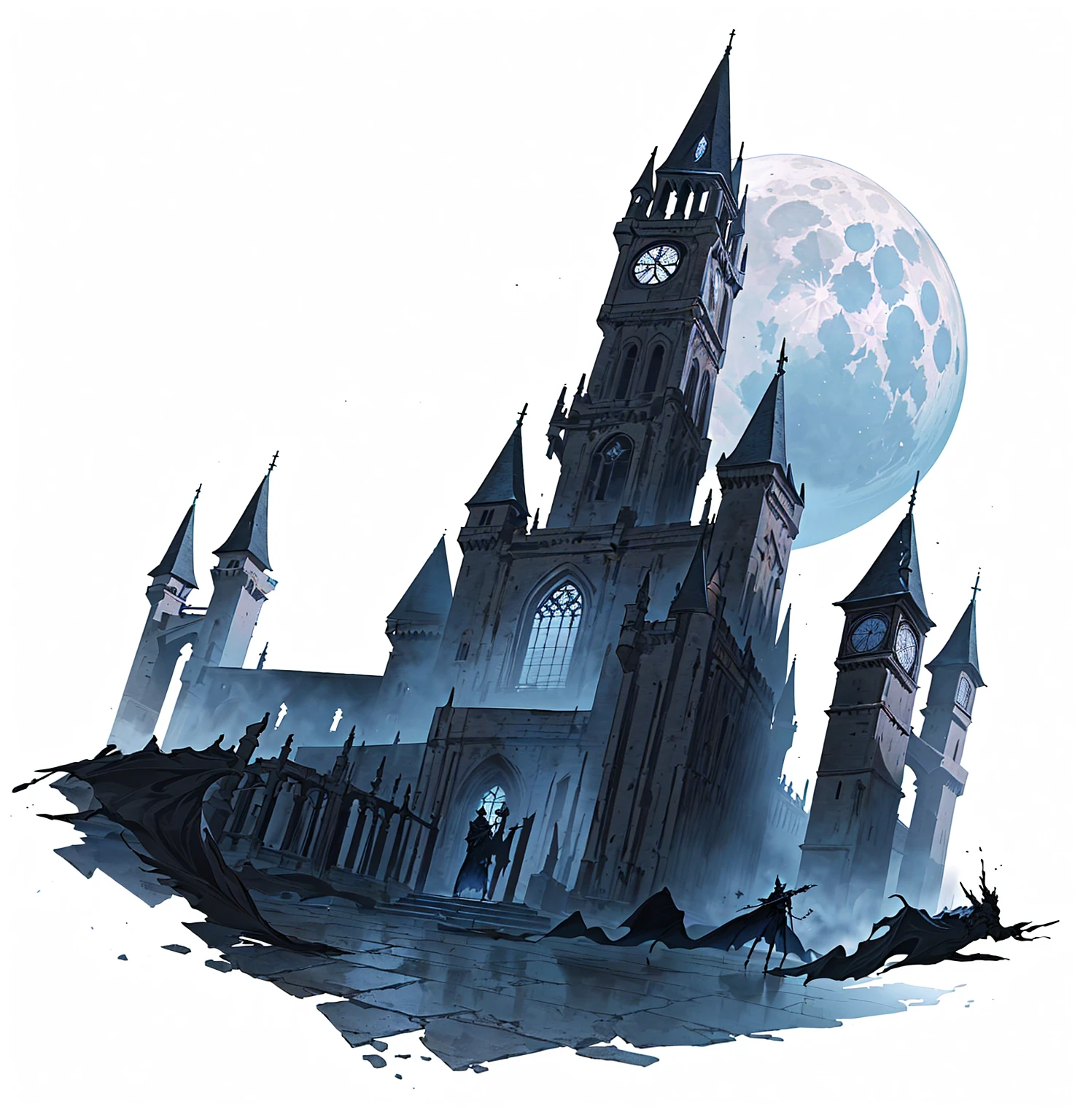 There is a black and white photo,Above is a castle with a bell tower, shadowy castle background, Castle scene cartoon,Fifth personality style,Anime style, Dark Castle Background, Moon Painted Tower, Inspired by Castlevania, Dark Castle Setting, Bloodborne Art, Bloodborne Cathedral, background technology, Gothic castle, Bloodborne concept art, Bloodborne style, Hollow Knight concept art, scarry castle). mystery