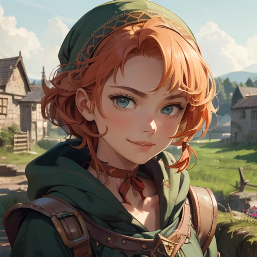 (masterpiece), (best quality),(portrait),(bust up),1girl,solo,(sharp focus),(look at viewer),young girl,maribel,orange hair,hood,red choker,ancient clothes,(simple background),old school fantasy art,super shiny face,Ultra Glossy Skin,smile,embroidery outfit,medieval farmer outfit,moss green outfit,