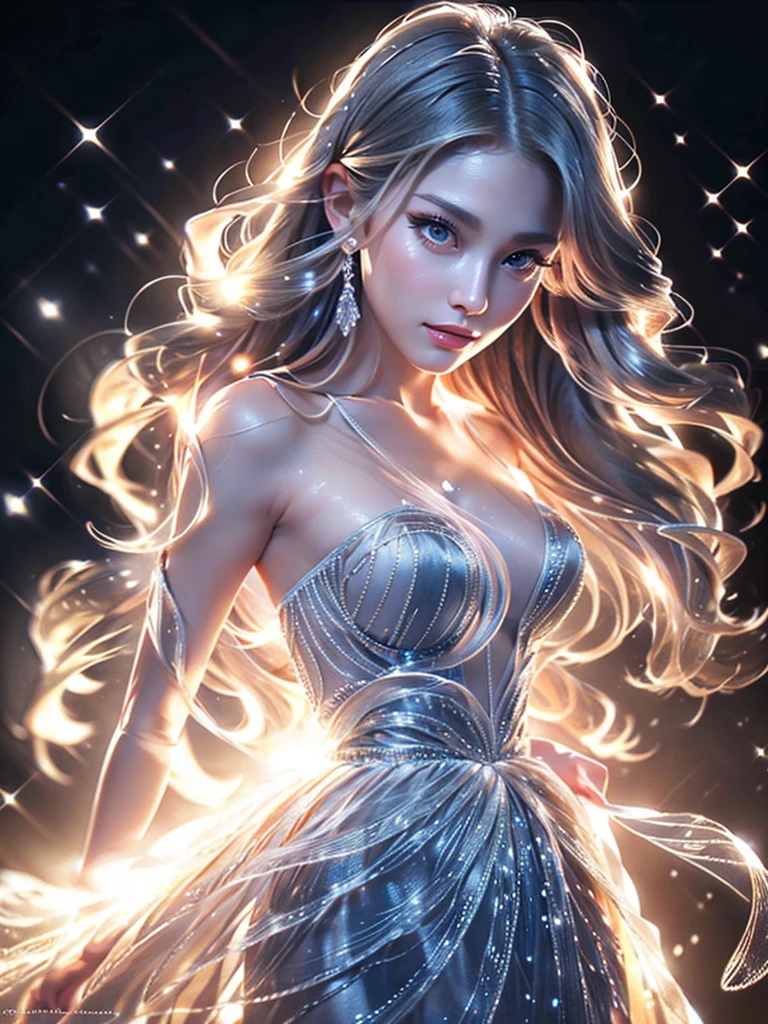 a woman with beautiful features, long grey hair, wearing a pure white dress, high quality, photorealistic, detailed portrait, extremely detailed face, beautiful eyes and lips, long eyelashes, well-proportioned body, perfect perspective, masterpiece, 8K, photo-realistic、It is surrounded by glass-like water.