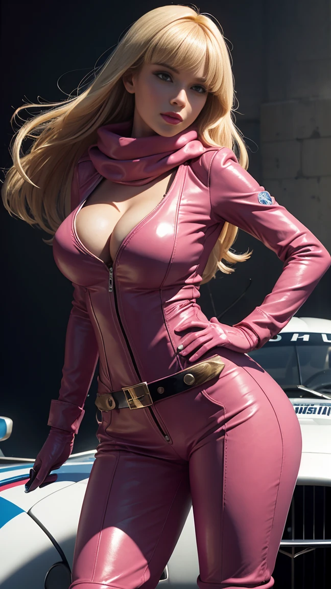 ((Penelope pitstop from wacky races animated series)) ((beautiful face)) (red lips) ((long blonde hairstyle with bangs)) ((very huge breasts) (perfect slim body) ((wears leather pink body suit and pants, white gloves, and long boots)) ((belt, long scarf)), ((racing helmet)) ((posing sexy inside racing car on start line race))(high definition, dynamic lights and shadows) ((masterpiece)) (8k) (perfect face) (best quality) (perfect hands)