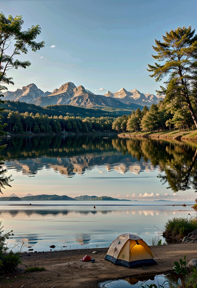 there is a tent that is sitting on the shore of a lake, camping, setting in nature, ❤🔥🍄🌪, beautiful setting, beautiful place, adventuring gear, by Sebastian Spreng, by Adrian Zingg, beautiful environment, peaceful environment, adventuring, by Johannes Voss, peaceful and quiet, beautiful detailed scene