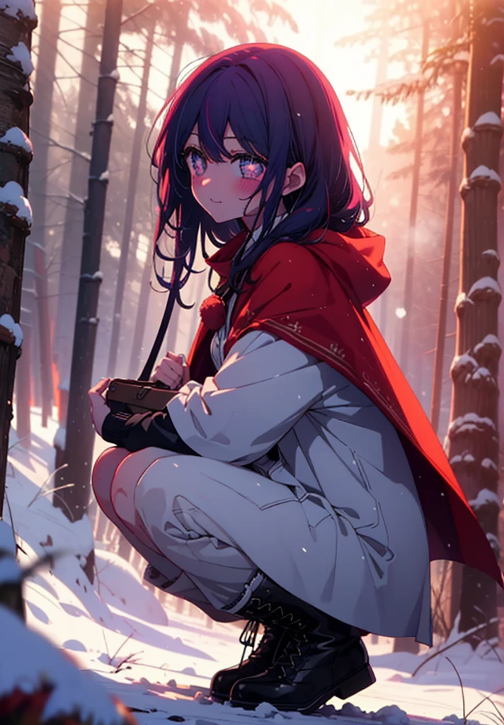 aihoshino, Ai Hoshino, Long Hair, bangs, (Purple eyes:1.1), Purple Hair, (Symbol-shaped pupil:1.5), smile,,smile,blush,White Breath,
Open your mouth,snow,Ground bonfire, Outdoor, boots, snowing, From the side, wood, suitcase, Cape, Blurred, , forest, White handbag, nature,  Squat, Mouth closed, Cape, winter, Written boundary depth, Black shoes, red Cape break looking at viewer, Upper Body, whole body, break Outdoor, forest, nature, break (masterpiece:1.2), Highest quality, High resolution, unity 8k wallpaper, (shape:0.8), (Beautiful and beautiful eyes:1.6), Highly detailed face, Perfect lighting, Extremely detailed CG, (Perfect hands, Perfect Anatomy),