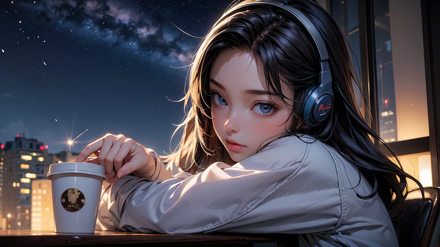 ((masterpiece)),(((bestquality))),((ultra-detailed)) realisticlying, 1 girl, Beautiful, wearing headphones, enjoying hot coffee solo, Late Night Cafe, looking to viewer, city, starry sky, cloud, night.