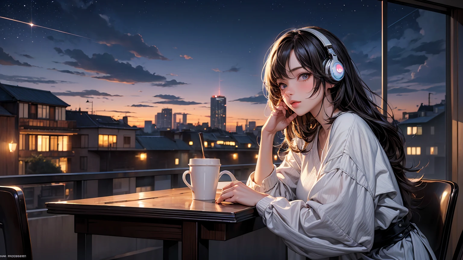 ((masterpiece)),(((bestquality))),((ultra-detailed)) realisticlying, 1 girl, Beautiful, wearing headphones, enjoying hot coffee solo, Late Night Cafe, looking to viewer, city, starry sky, cloud, night.