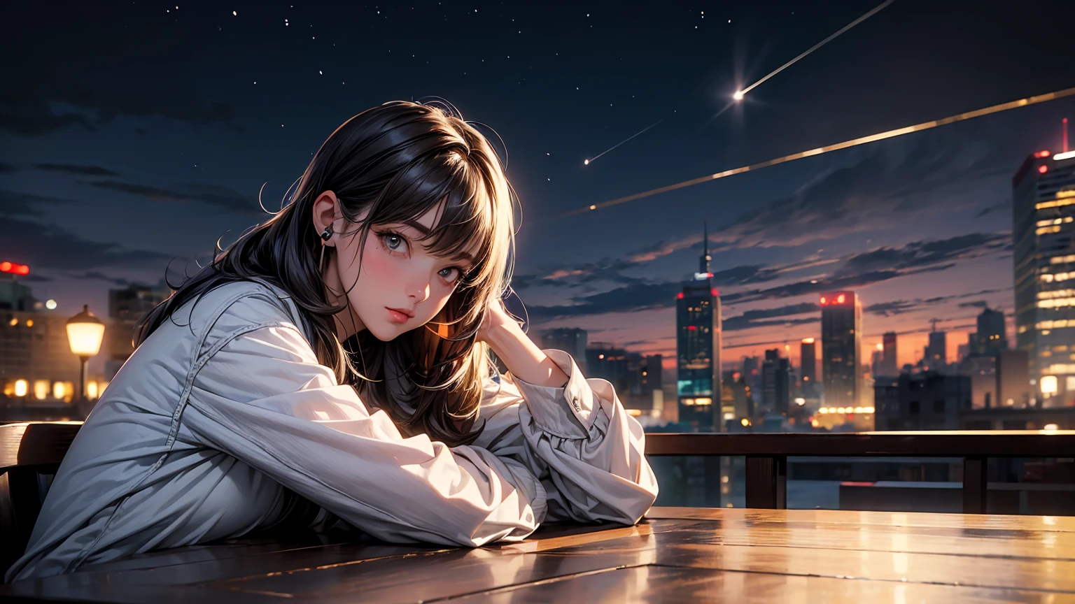 ((masterpiece)),(((bestquality))),((ultra-detailed)) realisticlying, 1 girl, Beautiful, wearing headphones, enjoying hot coffee solo, Late Night Cafe, looking to viewer, city, starry sky, cloud, night.