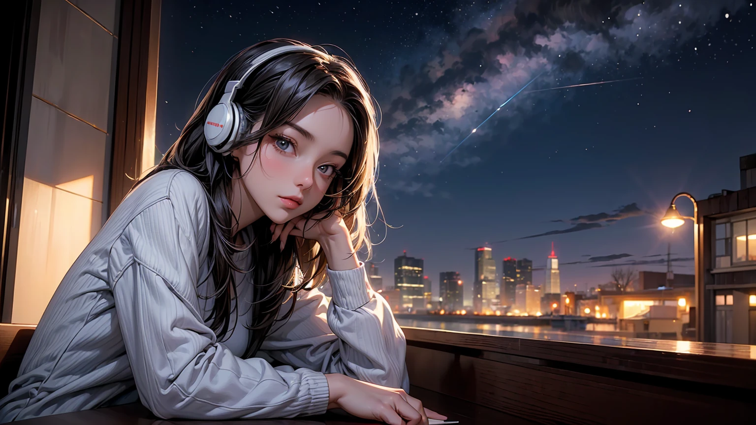 ((masterpiece)),(((bestquality))),((ultra-detailed)) realisticlying, 1 girl, Beautiful, wearing headphones, enjoying hot coffee solo, Late Night Cafe, looking to viewer, city, starry sky, cloud, night.