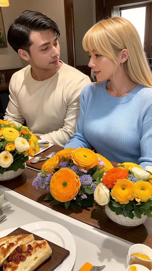 A flower arrangement of yellow and orange ranunculus is placed on the dining table, surrounded by food and red wine. A blonde, Caucasian couple is having a meal.。
The husband is wearing a white shirt and the wife is wearing a light blue sweater