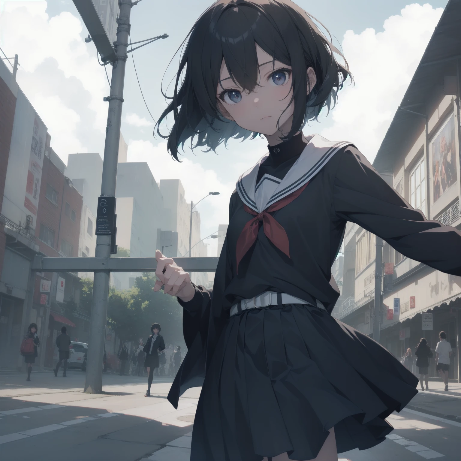 ultra-absurdres-Top quality by artist God, ultra-detailed, high resolution, anime moe artstyle, best anime 8k konachan wallpaper, pixiv contest winner, pool:2810, perfect anatomy,break, 1girl, (Please draw a girl walking sleepily to school alone. )break,(Solo,little female, 13-year-old:1.3),Full limbs, complete fingers,a junior high school student, (very short hair), short cut, flat chest, , small butt, small black eyes, beautiful detailed eyes, well-proportioned iris and pupils, expressive eyes, highres detailed hair, soft expression, salor school_uniform, sailor collar, serahuku, bow, pleated skirt,(Detailed Lighting), (Detailed background), in the School commute route. break,super detailed skin, Best cinematic lighting powered by famous artist, 8k,beauty illustration,photoshop_(medium),very aesthetic,break,((artist:mizuki_makoto )), artist:clamp ,artist:carnelian ,artist:kantoku ,