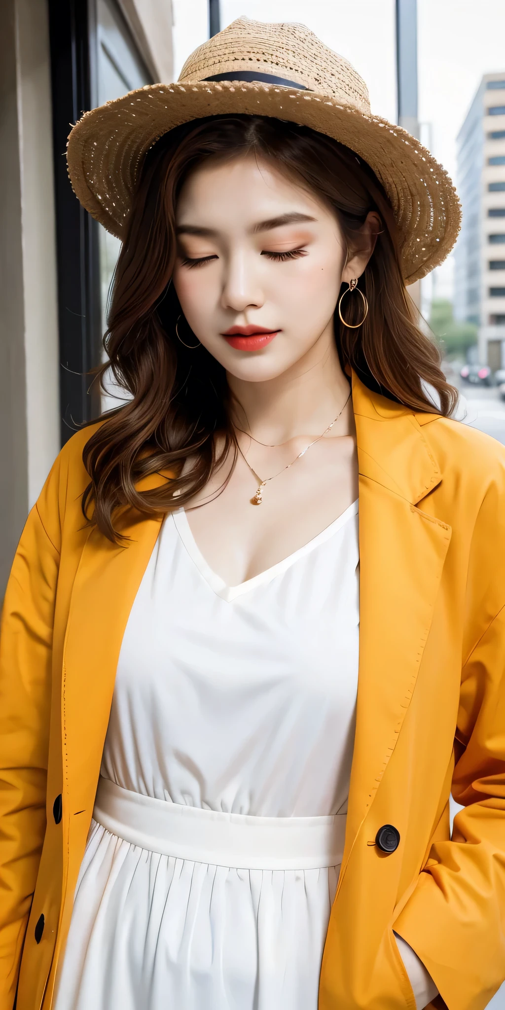 1girl, solo, yorigami jo'on, orange hair, drill hair, eyewear on head, orange eyes, jewelry, bow, white dress, purple jacket, pendant, earrings, hat, standing, hand on hip, looking at viewer, one eye closed, smirk, outdoors, city