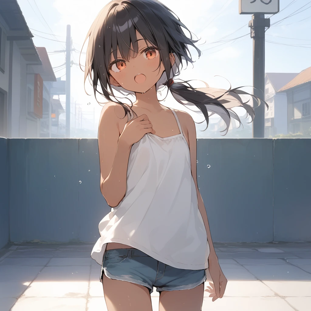 score_9, score_8_up, score_7_up, source_anime, best quality, masterpiece, official art, absurdres, highres, ultra-detailed,waifu2x,Collection: Slice of Life,break,1girl, tomboy, dark-skinned female, short hair, low ponytail, flat chest, beautiful detailed eyes, short shorts, sweat, open mouth, (yawn:0.3), sleepily, outdoors, wind,break,(clear line illustration:1.2), super detailed skin,very high resolution, very aesthetic, Best sexual lighting powered by famous artist, 8k,cute picture,beauty illustration,photoshop_(medium),,(Detailed Lighting),best anime 8k konachan wallpaper, pixiv contest winner,