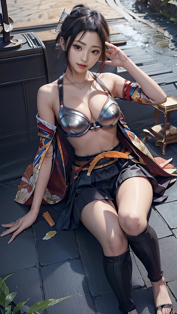 Realistic, Super detailed, High resolution, highest quality, Super detailedな,1 Female , Official Art, unity 8k wallpaper, Super detailed, beautiful and aesthetic, beautiful, masterpiece,( Super busty breasts:1.8,Small waist)、Glowing Skin,masterpiece, wonderful, (CG illustration),Asian,  Ultra-realistic textured face and skin、Accurate anatomy、samurai、Colorful armor、Radiation Hair,  bangs,Short Bob、((samurai))、sword,Facial details、Dynamic Pose、Dynamic Action、Dynamic Angle、Detailed Background、Wisteria flower、In combat、duel、Degrees of Freedom:1.3
