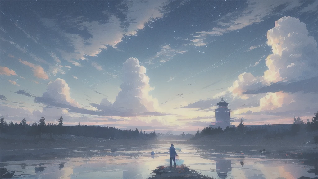 Acoustic guitar,真っ暗なnight空,Octane, star (null), scenery, Blue parakeet,Acoustic guitarは身体の前,star, night, man, Back view, Outdoor, city,river,Blue parakeet,building, cloud, 天のriver,silhouette