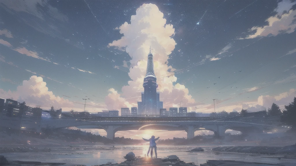 Acoustic guitar,真っ暗なnight空,Octane, star (null), scenery, Blue parakeet,Acoustic guitarは身体の前,star, night, man, Back view, Outdoor, city,river,Blue parakeet,building, cloud, 天のriver,silhouette
