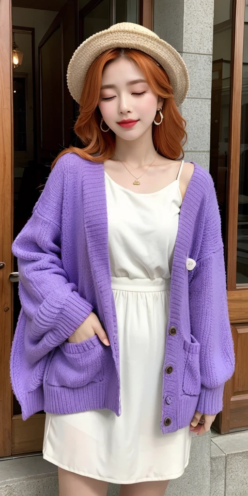 1girl, solo, yorigami jo'on, orange hair, drill hair, eyewear on head, orange eyes, jewelry, bow, white dress, purple jacket, pendant, earrings, hat, standing, hand on hip, looking at viewer, one eye closed, smirk, outdoors, city 