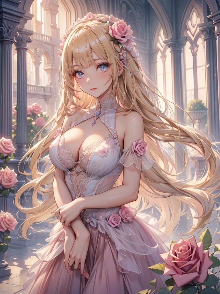 ,Super detailed,Beautiful attention to detail,girl with beautiful eyes, everyone, Beautiful Anime Girls, Cute Anime Girl, Anime Style, Elegant colors, Soft lighting, Delicate and beautiful wet eyes, Very coquettish, (Beautiful big breasts:1.2), (The right move:1.2)(Highest quality)), ((masterpiece)), ((Super detailed)), (Very delicate and beautiful),(Rose fractal art:1.5),Beautiful girl, Fine grain,Abstract and mysterious girl, Long blonde hair,Pink Dress, Dreamy swirls of pastel colors and soft light, Evokes a sense of serene serenity and elusive beauty,Attention to detail,Captivating smile,Imaginative,In a room with flowers,Cowboy Shot、A charming Western alley、Gothic architecture、Western architecture、Fantasy World、