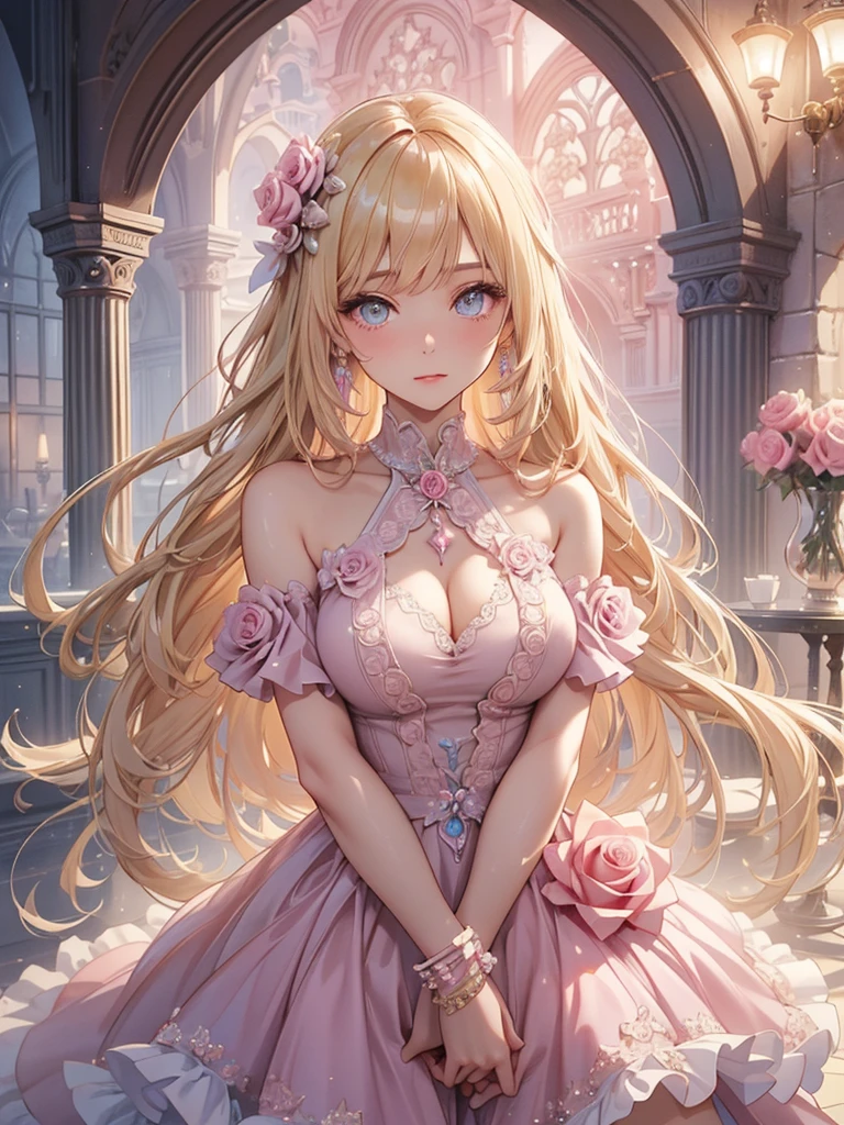 ,Super detailed,Beautiful attention to detail,girl with beautiful eyes, everyone, Beautiful Anime Girls, Cute Anime Girl, Anime Style, Elegant colors, Soft lighting, Delicate and beautiful wet eyes, Very coquettish, (Beautiful big breasts:1.2), (The right move:1.2)(Highest quality)), ((masterpiece)), ((Super detailed)), (Very delicate and beautiful),(Rose fractal art:1.5),Beautiful girl, Fine grain,Abstract and mysterious girl, Long blonde hair,Pink Dress, Dreamy swirls of pastel colors and soft light, Evokes a sense of serene serenity and elusive beauty,Attention to detail,Captivating smile,Imaginative,In a room with flowers,Cowboy Shot、A charming Western alley、Gothic architecture、Western architecture、Fantasy World、
