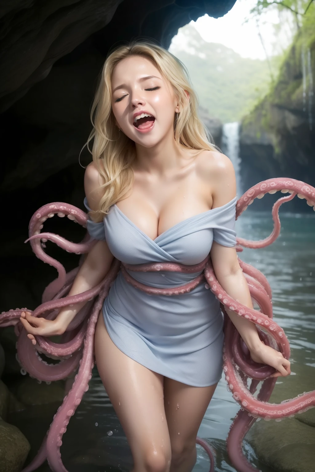 ((((Multiple thick tentacles wrap around her arms and legs, restraining her.、Countless tentacles attack her from behind.))))、、((Cute Woman、disheveled gorgeous bright blonde hair、Soft belly、No makeup、Mid-chest、thick and beautiful legs))、((Wet white summer dress、Tentacles invading the dress))、(Grimacing, closing your eyes、A wide open mouth、Expressions of joy、Trance、Blushing)、Wet Skin、Waterside in the cave