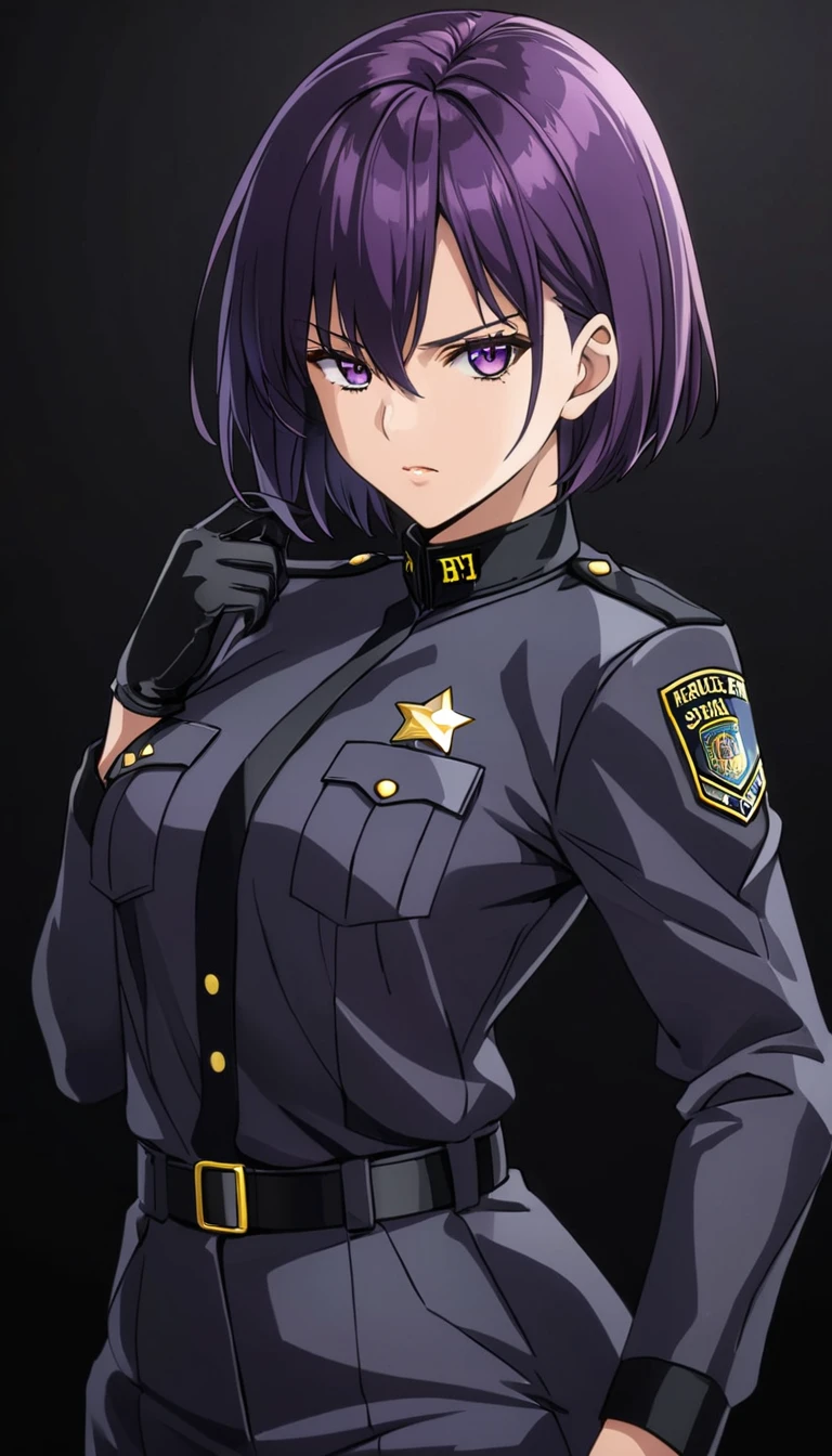 High-resolution anime digital art, Masterpiece, tomboy, mature, sexy, smart, short hair color pitch black, real detail eyes pupil purple, real anatomy body, wear gloves, black chokers, wear Black FBI uniform, Serious Face, Full Body, Alone, Real Uniform FBI intricate, hyper detailed, sharp focus, physically-based rendering, (black background:1.1)