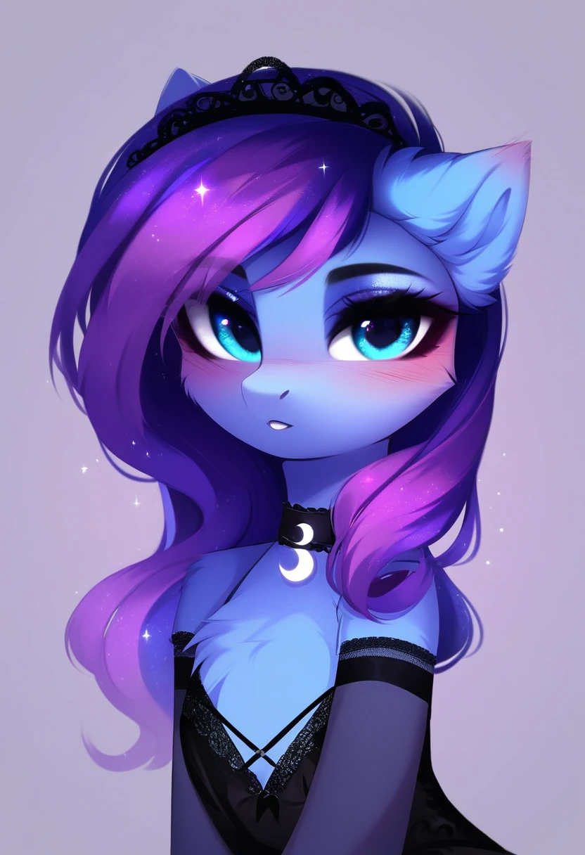 check_9, check_8_up, check_7_up, source_fluffy, rating_safe, from Magnaluna, Luna poses seductively in a gothic bedroom, antro, blushing, blue body, purple mane, blue eyes, black lingerie
