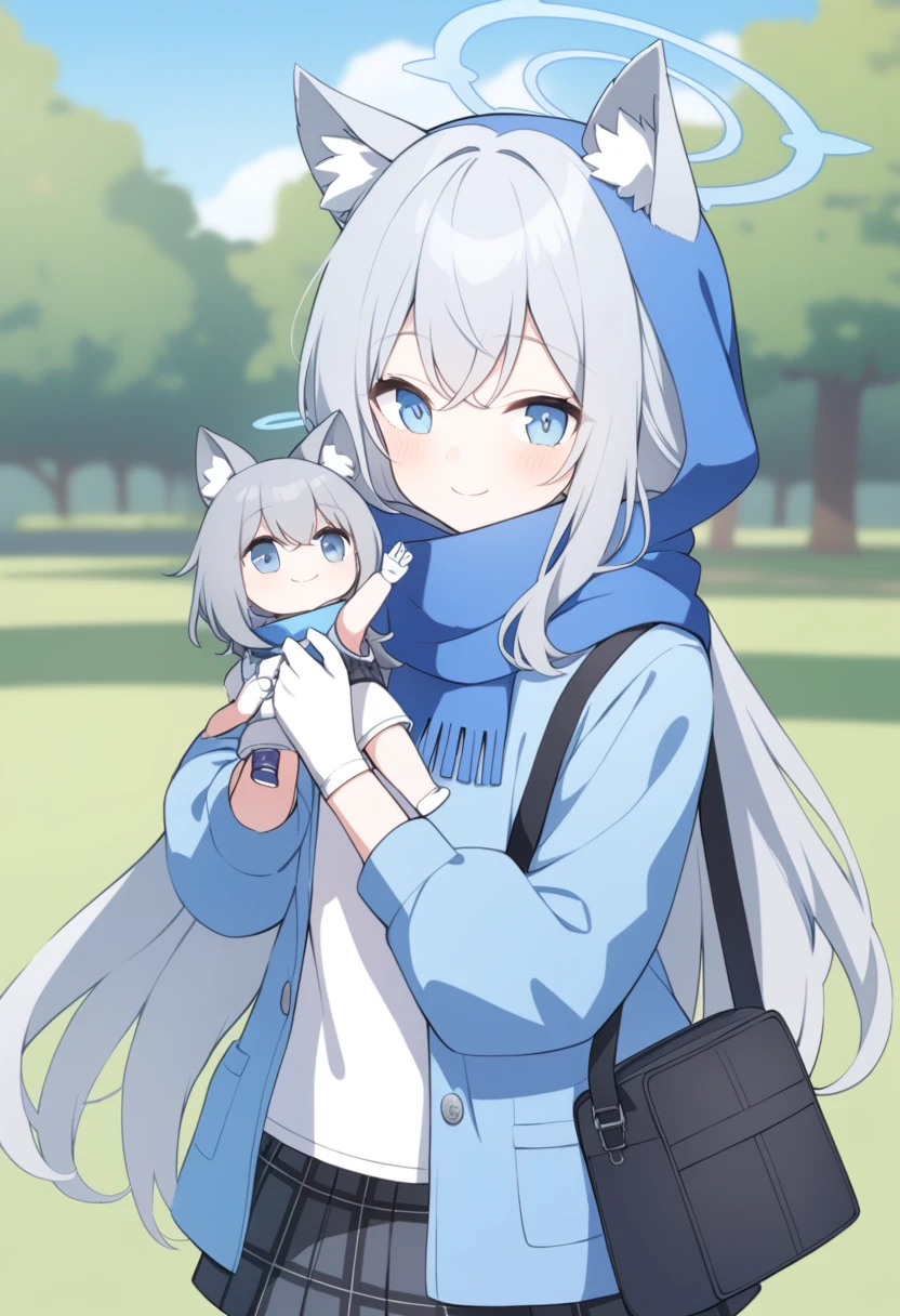 girl，Silver long hair, blue eyes, Wearing a blue hooded jacket,wearing Blue hood，A sky blue scarf, A white T-shirt, White gloves, And black plaid skirt, Standing in the park，Smile, blue halo，Blue hood，hood up，Gray wolf ears，Carrying a black shoulder bag